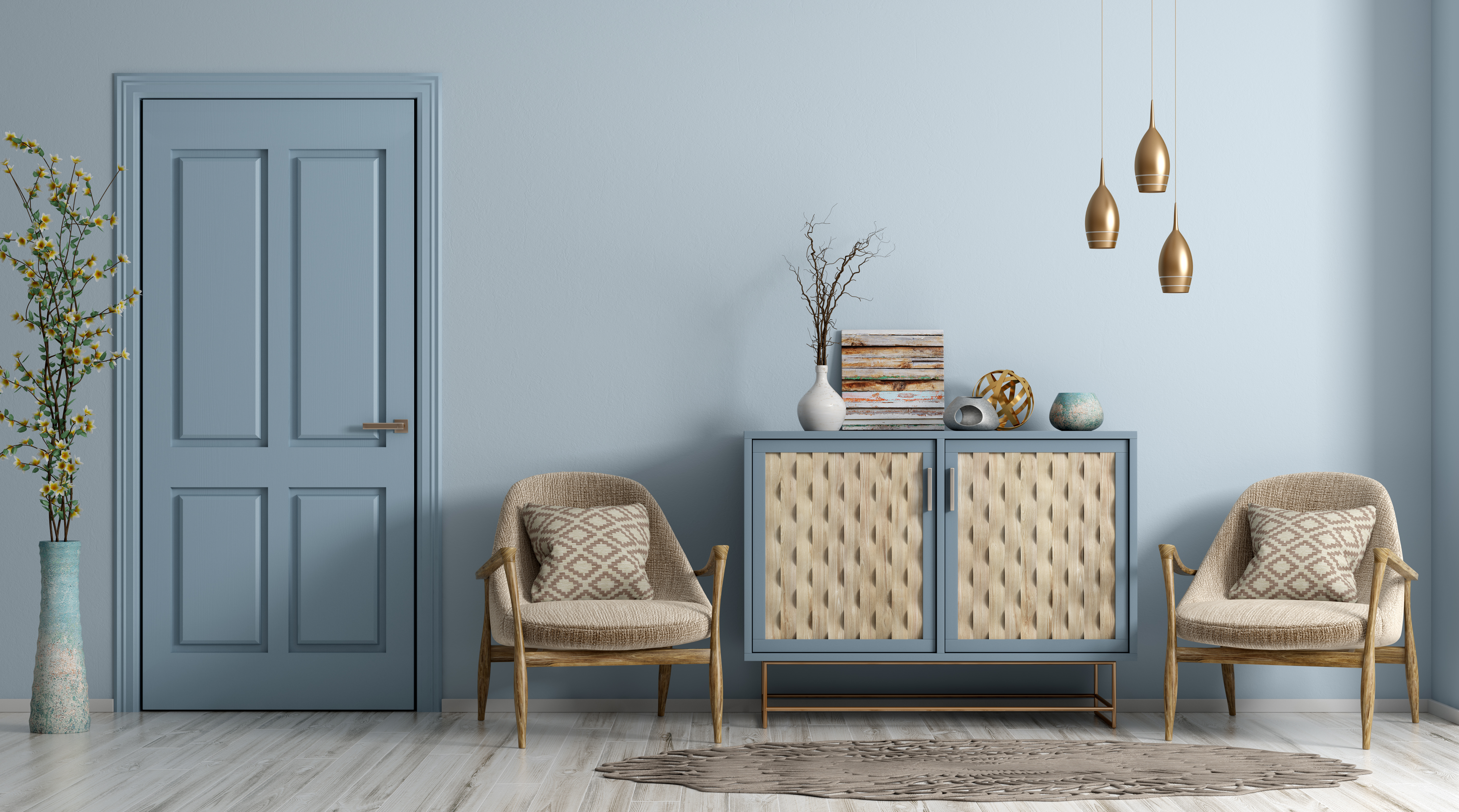 Intérieur moderne d'un salon avec porte, fauteuils et commode rendu bleu pâle peintures mf